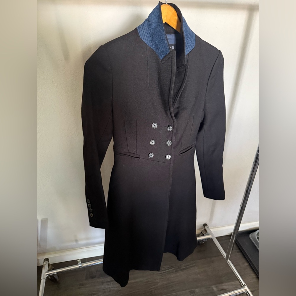 Black Double-Breasted Coat with Blue Collar